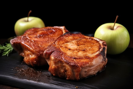 two juicy pork chops on black surface, covered in apple sauce, created with generative aiの素材