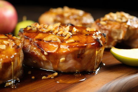 close-up of heated pork chops covered in apple glaze on wooden board, created with generative aiの素材