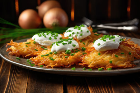 latkes on a plate with chopped chives and sour cream, created with generative aiの素材