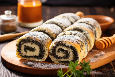 homemade poppy seed roll on a wooden table, created with generative aiの素材