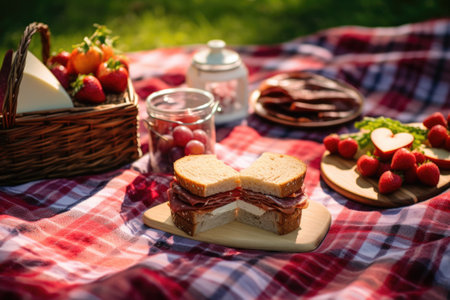 a picnic set with a heart-shaped sandwich on a plaid blanket, created with generative aiの素材