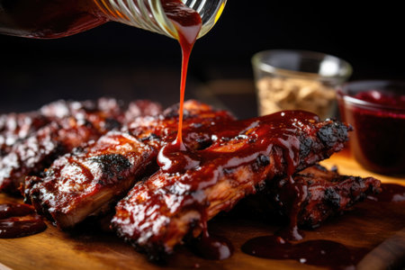 kansas-style bbq sauce poured over ribs, created with generative aiの素材