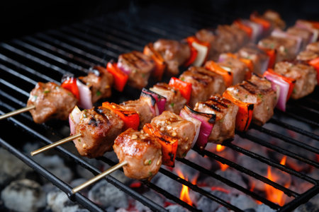 flipping marinated pork skewers with tongs on a grill, created with generative aiの素材
