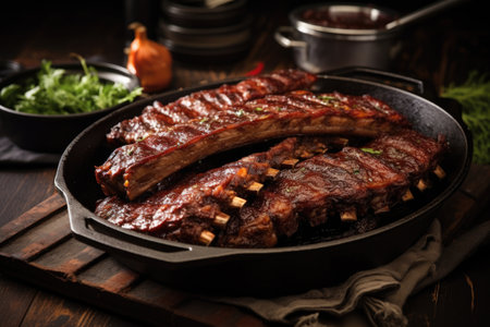bbq ribs served in a cast iron pan, created with generative aiの素材