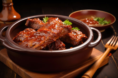 bbq ribs with sauce in a glazed pottery dish, created with generative aiの素材