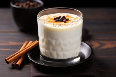 glass of rice pudding drink on a black wooden table, created with generative aiの素材