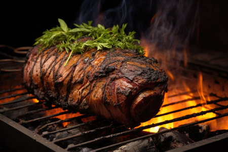 sizzling spiced leg of lamb rotating over charcoal, created with generative aiの素材