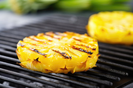bright yellow grilled pineapple against cool grill grates, created with generative aiの素材