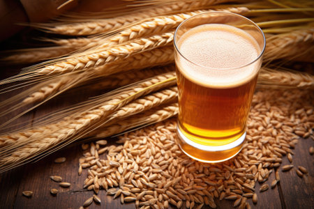 saison beer surrounded by wheat and barley grains, created with generative aiの素材