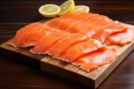 slices of smoked salmon neatly laid out on a board, created with generative aiの素材