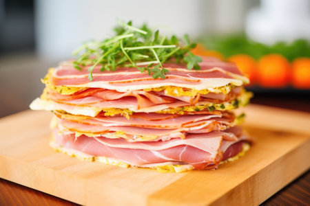 close-up of layered ham on a wooden board, created with generative aiの素材