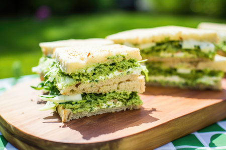 close-up of sandwich fillings on a green picnic table, created with generative aiの素材