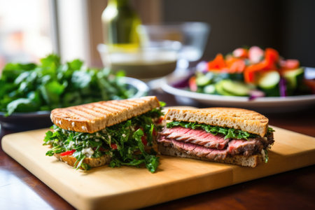 panini-style roast beef sandwich with fresh tabbouleh salad aside, created with generative aiの素材