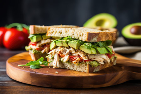 chicken and avocado sandwich on a wooden board, created with generative aiの素材