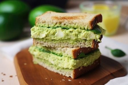 close-up of a sandwich with mashed avocado filling, created with generative aiの素材