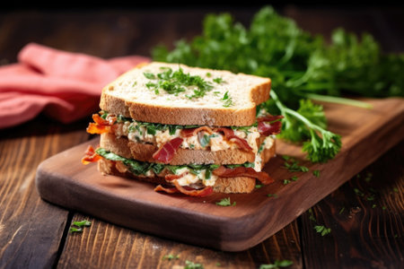 bacon sandwich with mayonnaise and parsley on a rustic table, created with generative aiの素材