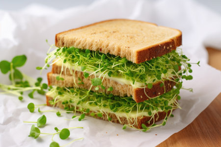 sandwich teeming with sprouts and fresh coriander on linen cloth, created with generative aiの素材