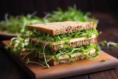 wheat sandwich with microgreens served on a brown table, created with generative aiの素材