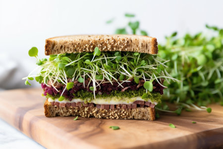curled microgreens peeking out of a multi-grain sandwich, created with generative aiの素材