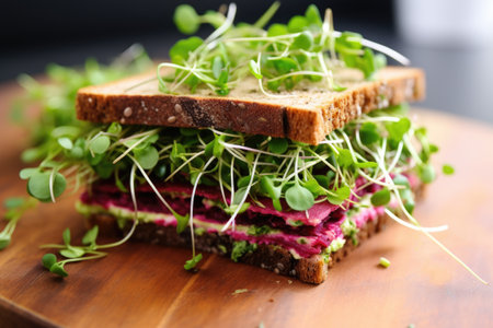 close up of a sandwich filled with vibrant microgreens, created with generative aiの素材