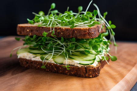 sandwich with microgreens, cucumber, and cream cheese, created with generative aiの素材