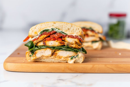 sandwich with spicy mayo and grilled chicken on a marble counter, created with generative aiの素材