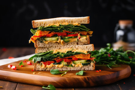 sandwich with spicy mayo and fresh array of vegetables, created with generative aiの素材