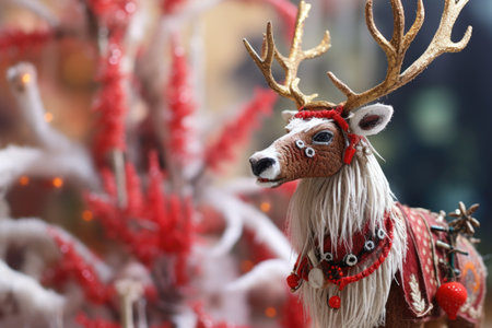close-up of santas reindeer figure with a decorated tree in the background, created with generative aiの素材
