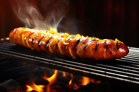 side view of a sausage being grilled on a barbecue, created with generative aiの素材