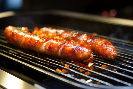 close-up image of a sausage on a hot stove plate, created with generative aiの素材