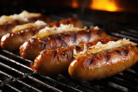 large bratwursts on a grill with beer and onion mix applied, created with generative aiの素材