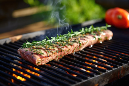 tuna steak marinated with herbs on a bbq, created with generative aiの素材
