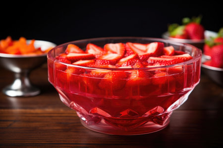 fruit punch in a crystal bowl with floating strawberries, created with generative aiの素材