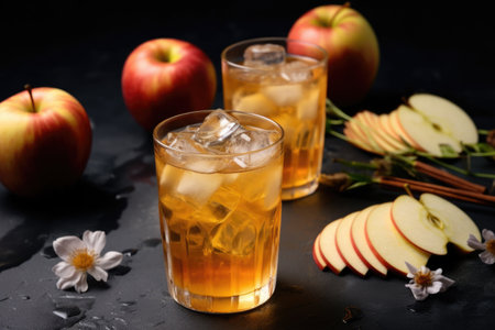 apple iced tea with fresh apple slices on a metal table, created with generative aiの素材