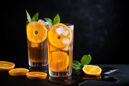iced tea with orange slices on a black table, created with generative aiの素材