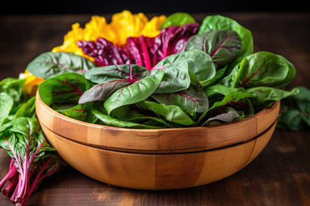 colorful salad greens closely packed in a wooden bowl, created with generative aiの素材