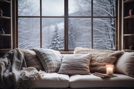 snowy window view with a cozy couch, created with generative aiの素材