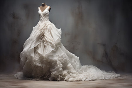 white wedding gown against a neutral background, created with generative aiの素材