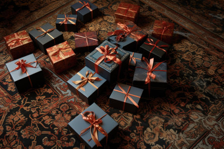 a series of empty gift boxes on a patterned rug, created with generative aiの素材