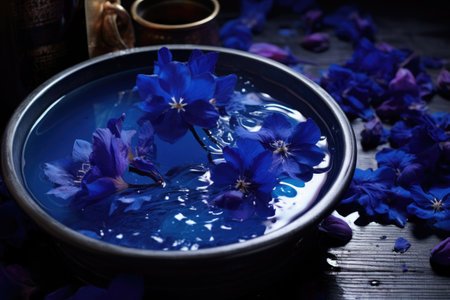 royal blue bathwater with floating flower petals, created with generative aiの素材