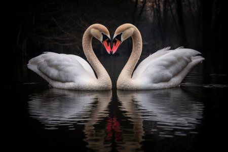 a pair of swans, their necks forming a heart shape, created with generative aiの素材