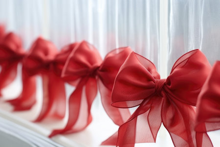 red ribbon bows on a frosted glass surface, created with generative aiの素材