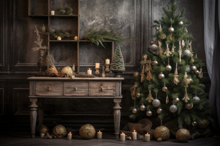 pine christmas tree with rustic wooden ornaments, created with generative aiの素材