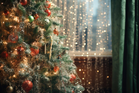 sparkling tinsel draped over a christmas tree, created with generative aiの素材