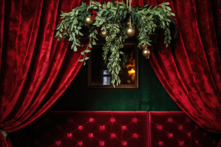 faux mistletoe hanging from a burgundy velvet booth canopy, created with generative aiの素材