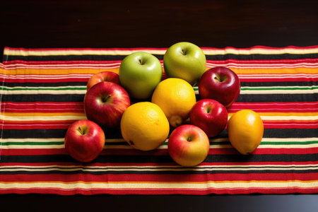 striped kwanzaa mat with fresh fruits on it, created with generative aiの素材