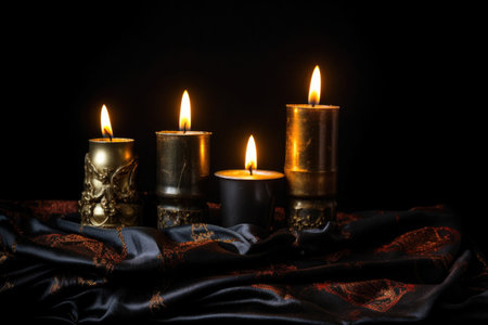 a kinara with lit candles on a black background, created with generative aiの素材
