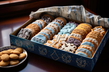 a collection of ready-to-gift hanukkah cookie boxes, created with generative aiの素材