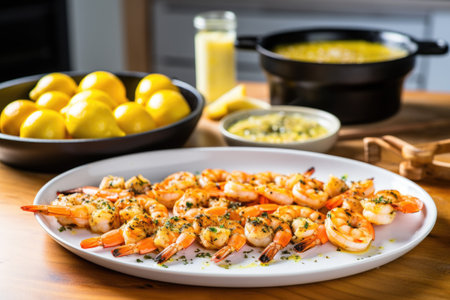 shrimp skewers accompanied by a bowl of freshly made garlic butter, created with generative aiの素材