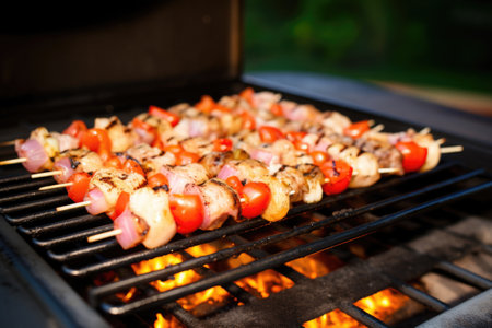 shrimp skewers on an outdoor barbecue with sizzling garlic butter, created with generative aiの素材